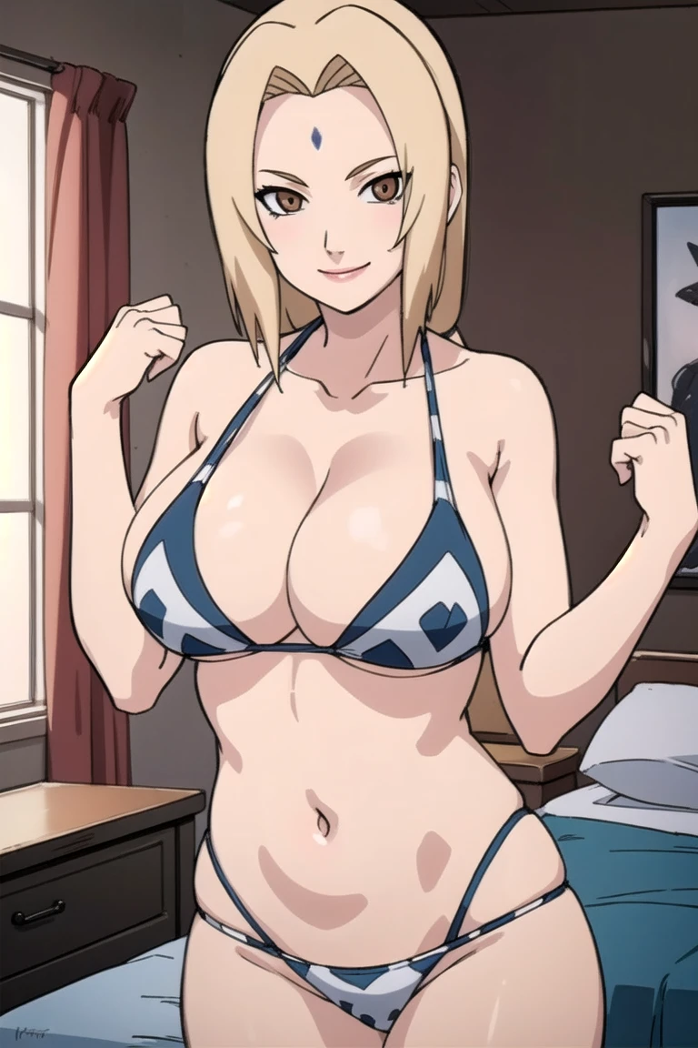 tsunade, brown eyes , blonde hair , forehead mark 
BREAK  ,    , navel ,Animal print bikini , big breasts, wide hips , milf body ,((( bedroom))) , smile 
BREAK , cowboy pose , standing straight , 
BREAK looking at viewer, (cowboy shot:1.5),
BREAK (masterpiece:1.2), innocent eyes , beautiful face