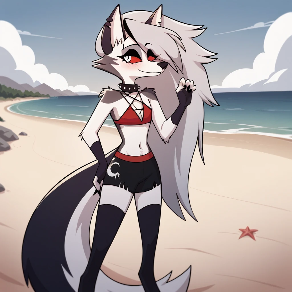 score_9, score_8_up, BREAK, source_anime, uncensored, perfect body, slim, thigh highs, fingerless gloves,
anthro, furry, pose, sexy,
Loona \(Helluva Boss\), NSFW, red swimsuit, bikini, head back, anthro male maned wolf with long spiked white hair and black face, black boxers, blushing, high detail, walking on beach, holding hands, smiling, open eyes, larger male