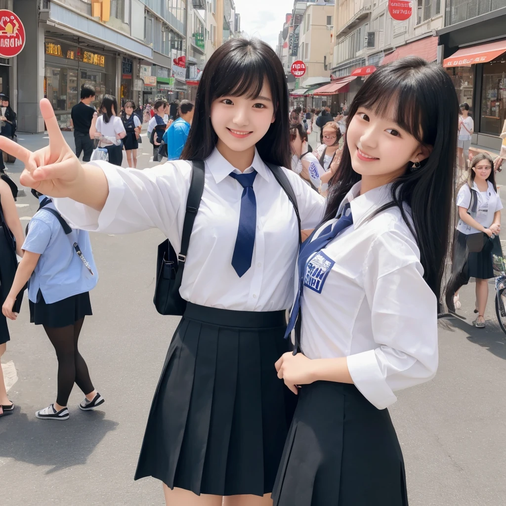 ((Highest quality, 8K, Masterpiece:1.3)), 2 students, A confident smile, talk, Gesture using the peace sign, Black Hair, Shopping streets of the city, slacks, skirt, shirt, Detailed face, Fingers crafted to the smallest detail
