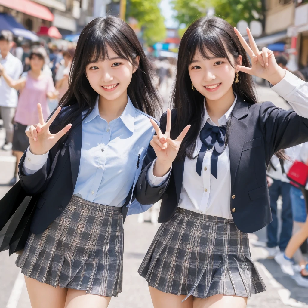 ((Highest quality, 8K, Masterpiece:1.3)), 2 students, A confident smile, talk, Gesture using the peace sign, Black Hair, Shopping streets of the city, slacks, skirt, shirt, Detailed face, Fingers crafted to the smallest detail