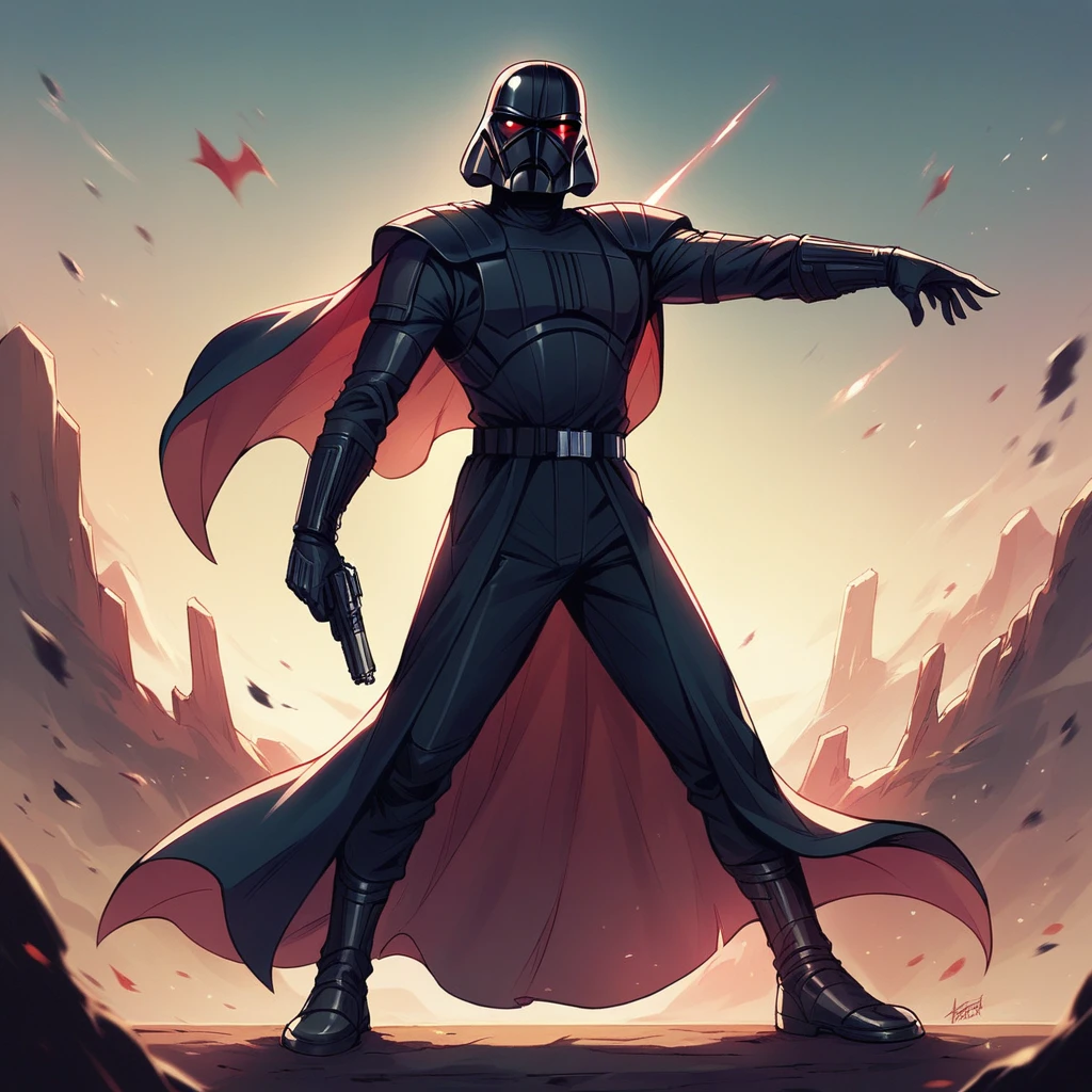 Darth Vader holding a pistol in a night city