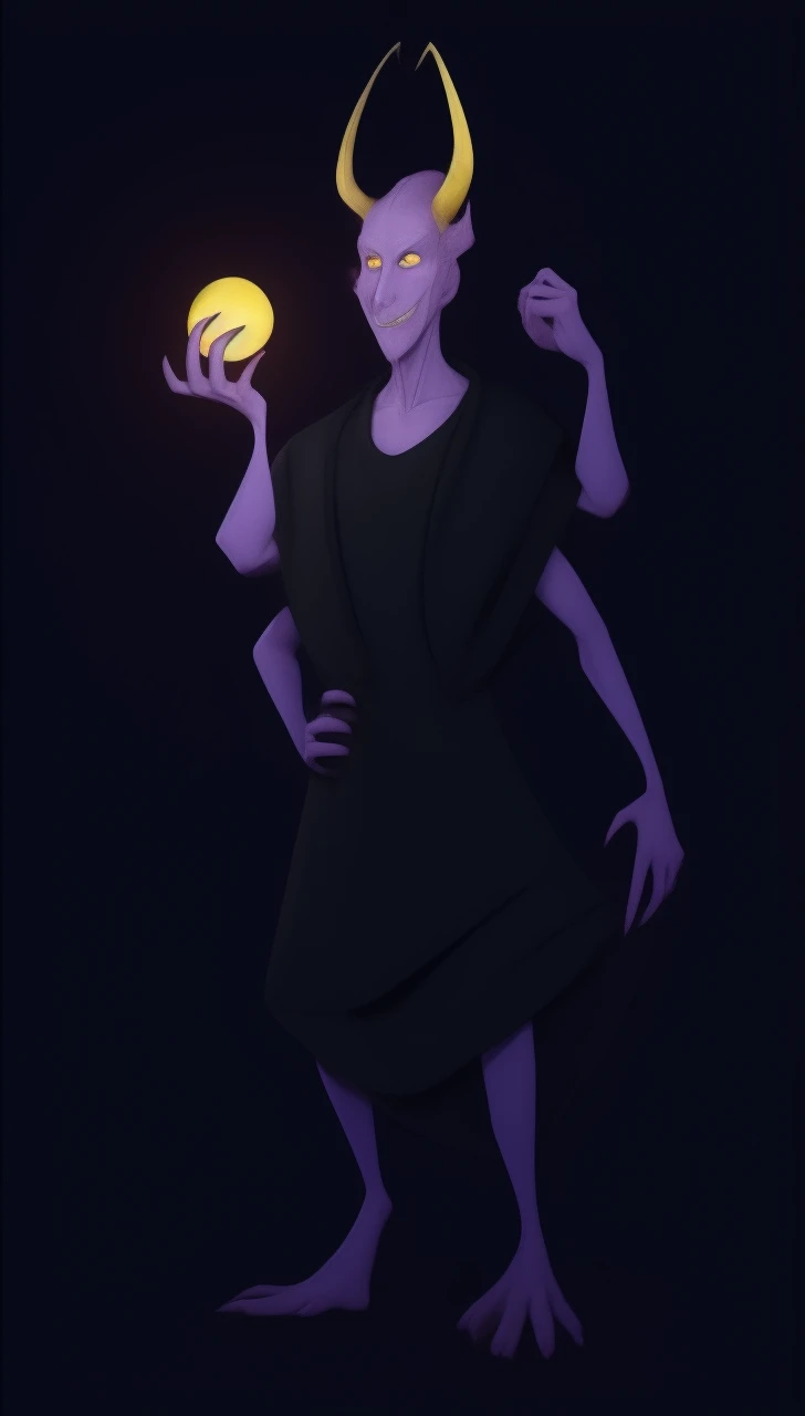 Purple devil, male, yellow eyes, long nose, long yellow horns, purple habit, skinny arms, skinny legs, realistic, 4k