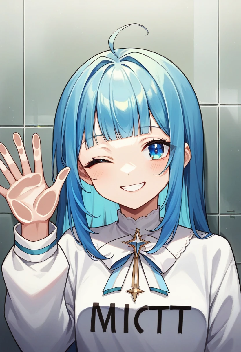 1girl, xter, absurdres, official art, absurdres, vspo!, tsumugi kokage, ;d, against fourth wall, against glass, blue eyes, blue hair, blunt bangs, cheek press, glass writing, long sleeves, looking at viewer, one eye closed, smile, solo, upper body, virtual youtuber, ((very aesthetic, best quality, ultra detailed)), rating:safe,

