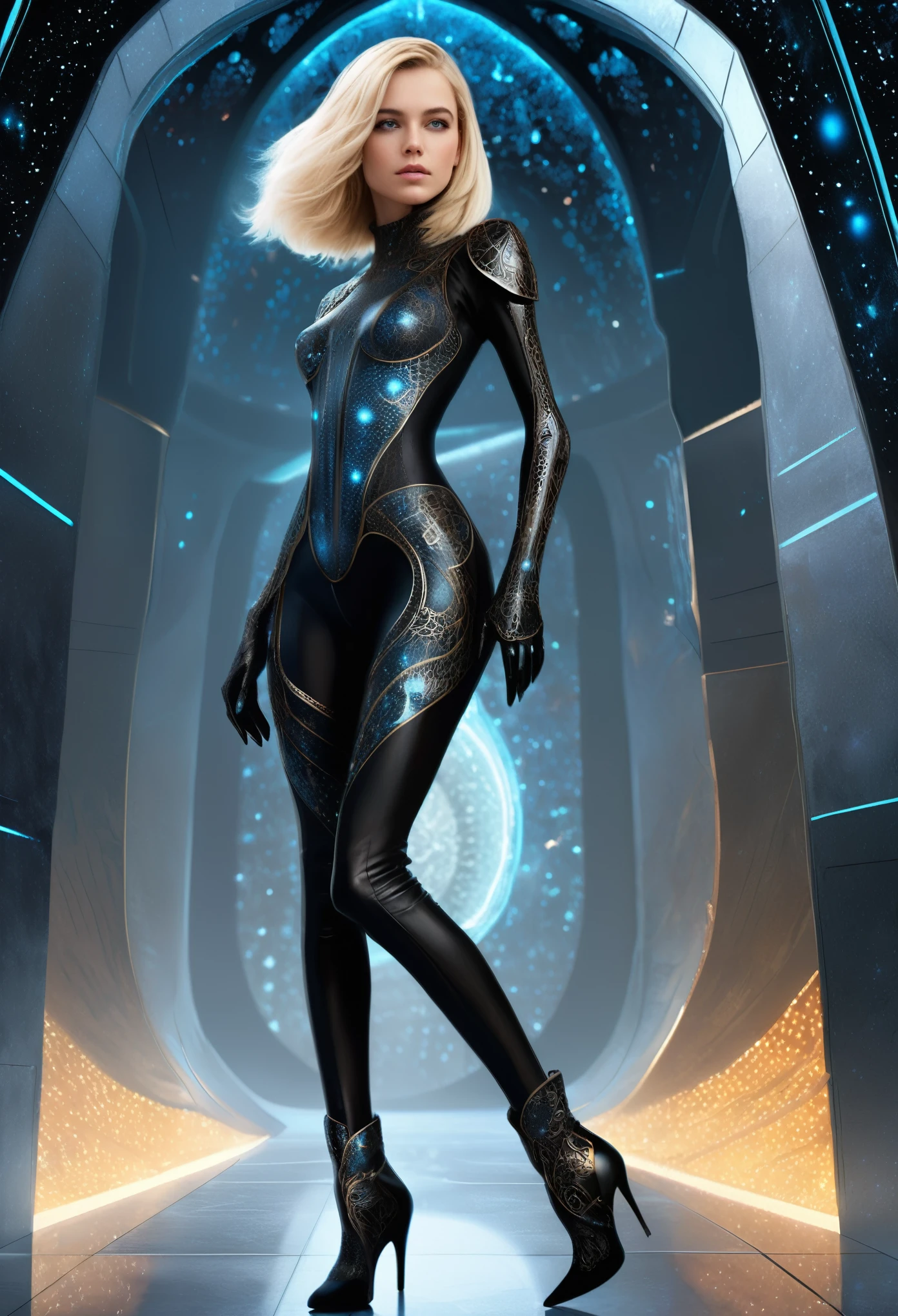 (full body with legs side view ) breathtaking concept art of a girl, short blonde hair, perfect face, medium breasts, wearing a black armored (revealing:1.2) intricate ornate body suit, seductive pose, inside of a slimy organic shaped (surreal:1.2) alien building, (glowing stardust particles and aquamarine veins covering the black bone walls:1.3), (full body:1.4), mystic, science fiction, highly detailed, high contrast, 8k, award winning