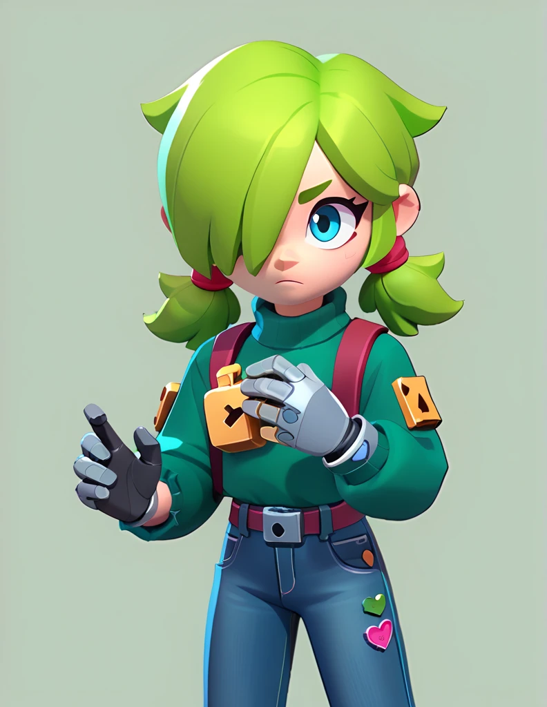 Traduire du texte avec votre appareil photo
a teenage girl, neon green hairstyle with a lock of hair covering one eye, pointed pigtails, dressed in a green sweater and jeans, wearing robotic gloves