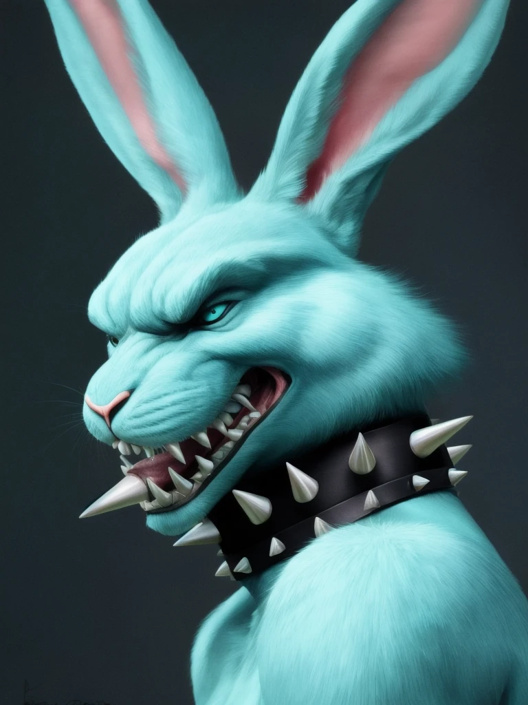 A cyan-colored rabbit has a grumpy face with pointy teeth sticking out of its mouth and wears a black collar with pointy spikes around the collar.