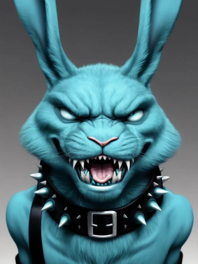 A cyan-colored rabbit has a grumpy face with pointy teeth sticking out of its mouth and wears a black collar with pointy spikes around the collar.