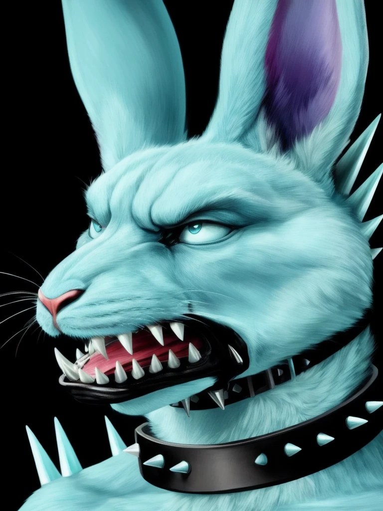 A cyan-colored rabbit has a grumpy face with pointy teeth sticking out of its mouth and wears a black collar with pointy spikes around the collar.