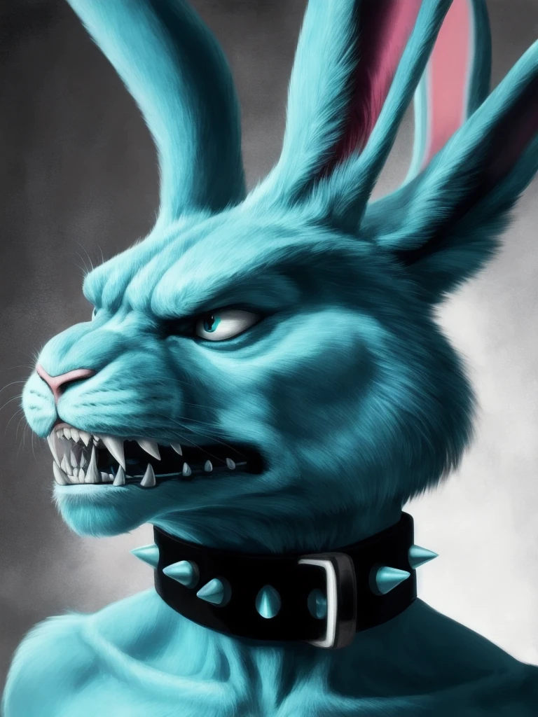 A cyan-colored rabbit has a grumpy face with pointy teeth sticking out of its mouth and wears a black collar with pointy spikes around the collar.