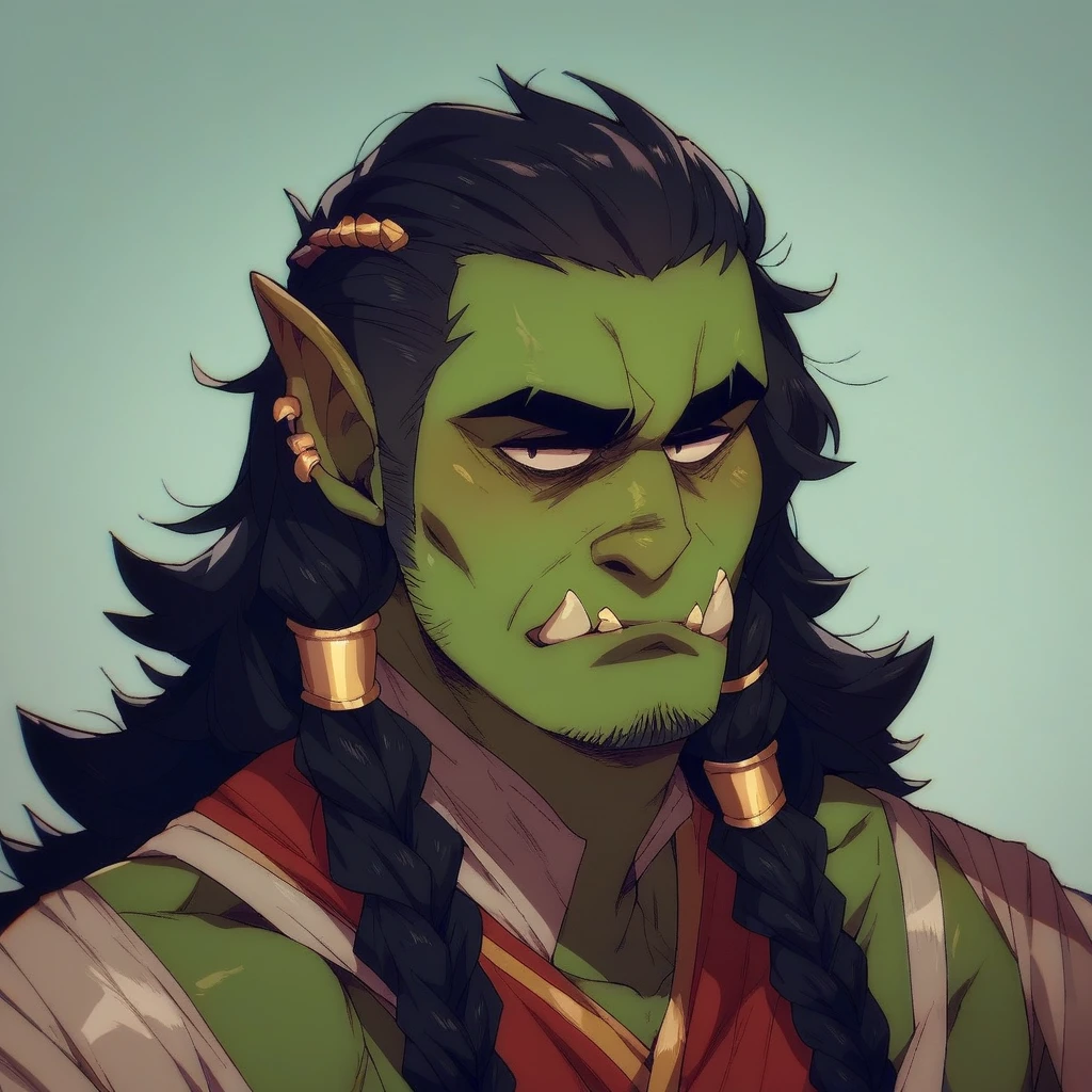 Half-Orc with braided hair, greenskin, Bblack hair, mascle