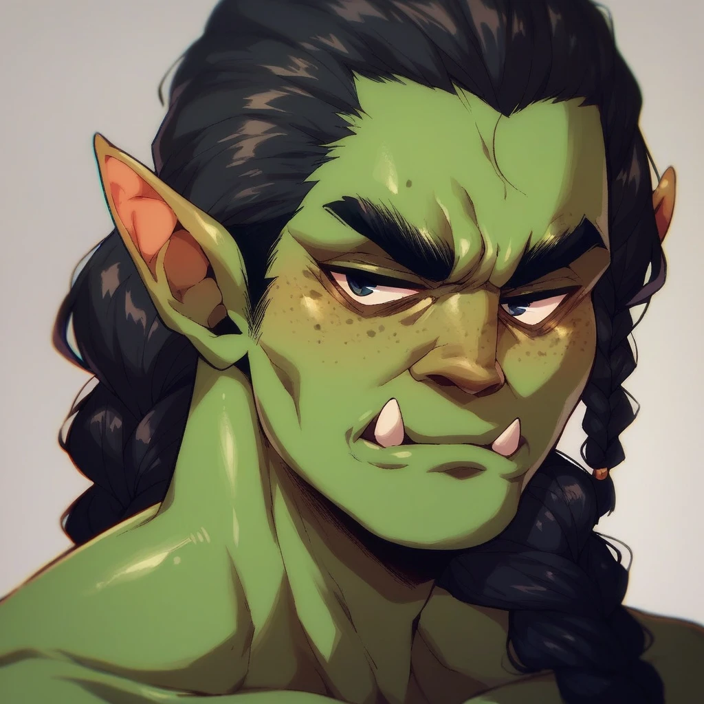 Half-Orc with braided hair, greenskin, Bblack hair, mascle