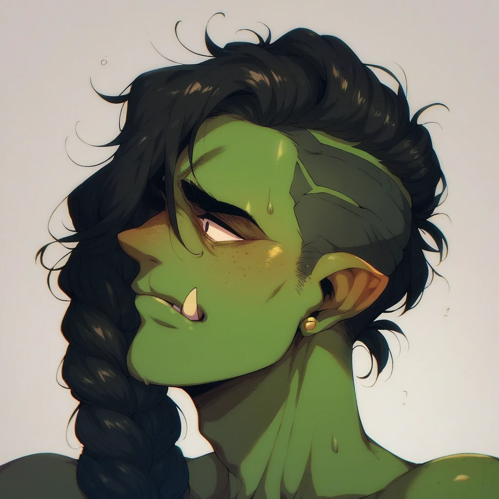 Half-Orc with braided hair, greenskin, Bblack hair, mascle