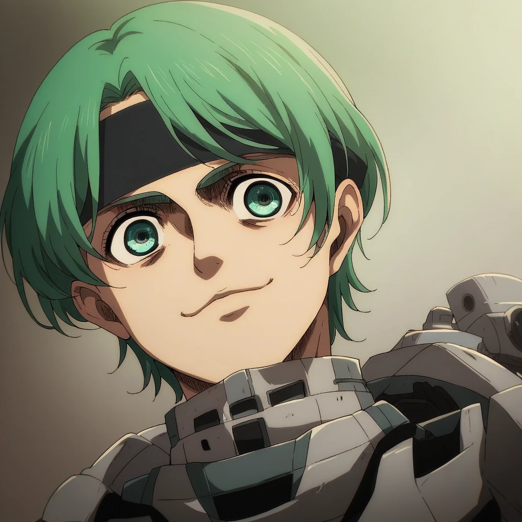 shingeki_no_kyojin_s4_style, portrait, solo, short hair, mech suit, green hair, cyan eyes, black headband, happy