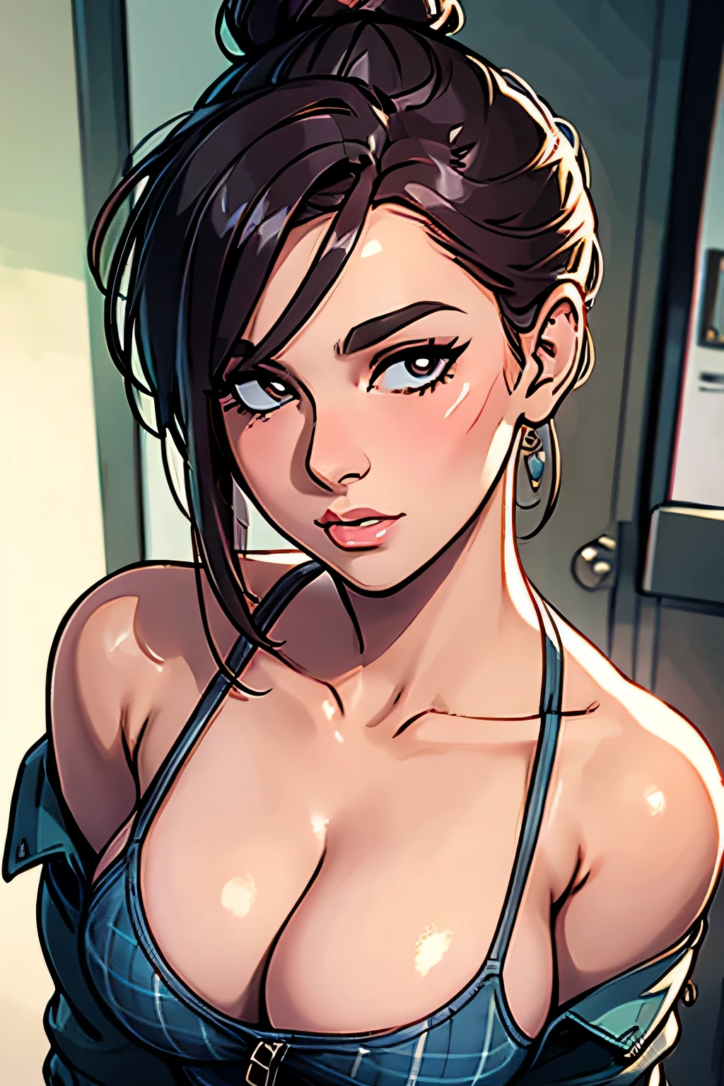 Amazing portait of a hot woman who is your next door neighbour who just moved in and she fell in love with you at first sight her hair is tied in a messy bun her eyes are seductive especially because of the smokey eyeliner deep blush across her face as she notices you and her soft pink glossy lips parted slightly she's wearing an off shoulder checked olive green shirt that is unbuttoned and oversized which shows off her medium chest with a cleavage