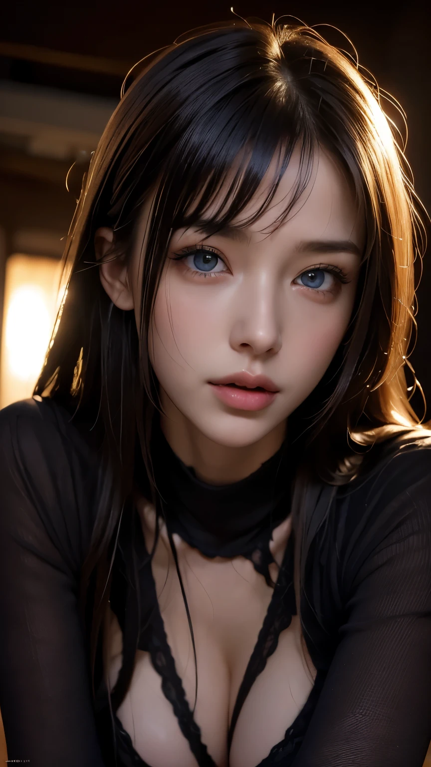 masterpiece, best quality, ultra-detailed, facing the camera head on, intricately detailed hyperdetailed, realistic, sharp features, highly detailed, sharp focus, perfect face, perfect face, perfect symmetrically perfect eyes, perfect full lips, flexible female form, cinematic, film light, hyper detailed, hyper realistic, masterpiece, atmospheric, high resolution, vibrant, dynamic studio lighting, nsfw, ((Dark background)), Sexy face, Facial expressions when receiving pleasure, straight Bangs, blue Eyes, black sweater, 
