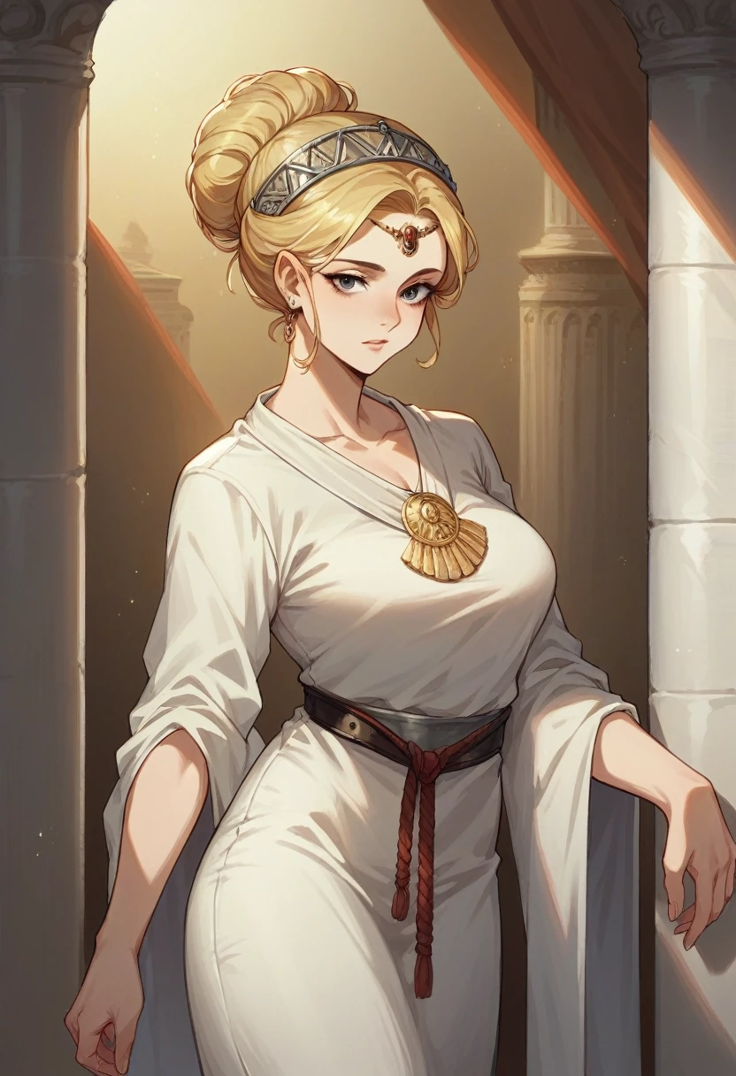 Ancient Rome.girl 20 years old, blonde hair, dressed in a white linen dress with a belt. There is a beautiful tiara on the head. She rested her foot on the column and tilted her head slightly.