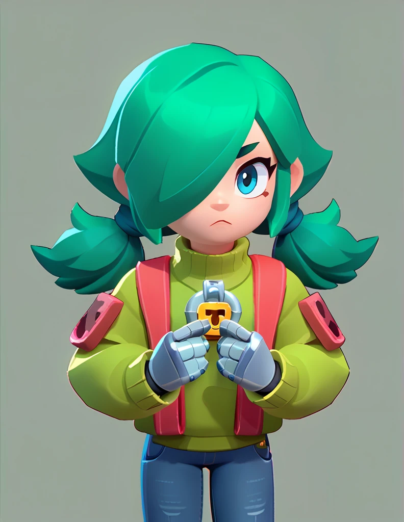 Traduire du texte avec votre appareil photo
a age girl, neon green hairstyle with a lock of hair covering one eye, pointed pigtails, dressed in a green sweater and jeans, wearing robotic gloves