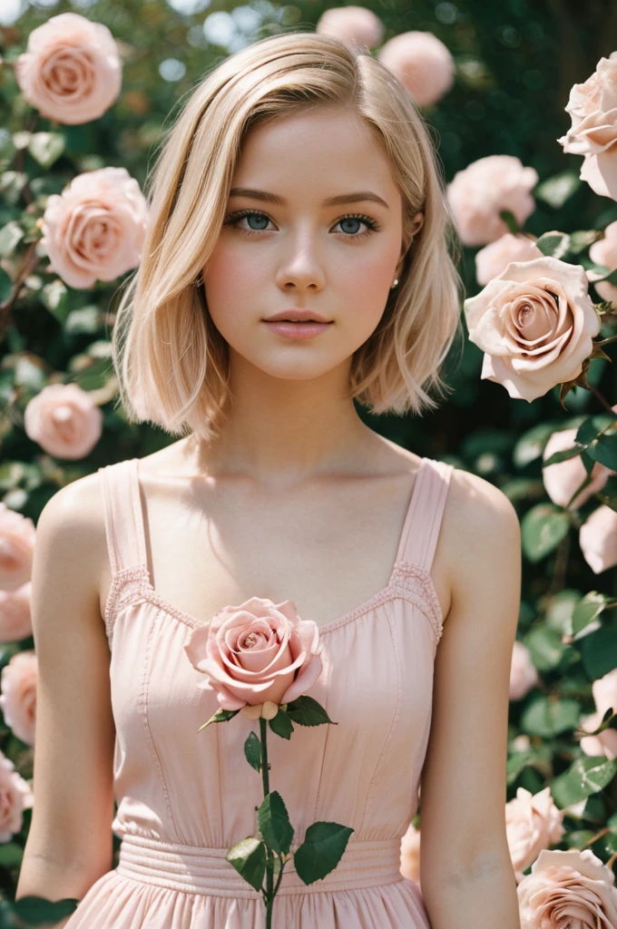 8k, photo and gross, fujifilm, Style photography of a beautiful young girl like Avril in a light pink rose garden. (very detailed skin: 1.2) Style-Petal BREAK short hair, blonde hair with colored highlights, wearing a dress, film grain, 35mm, beautiful style