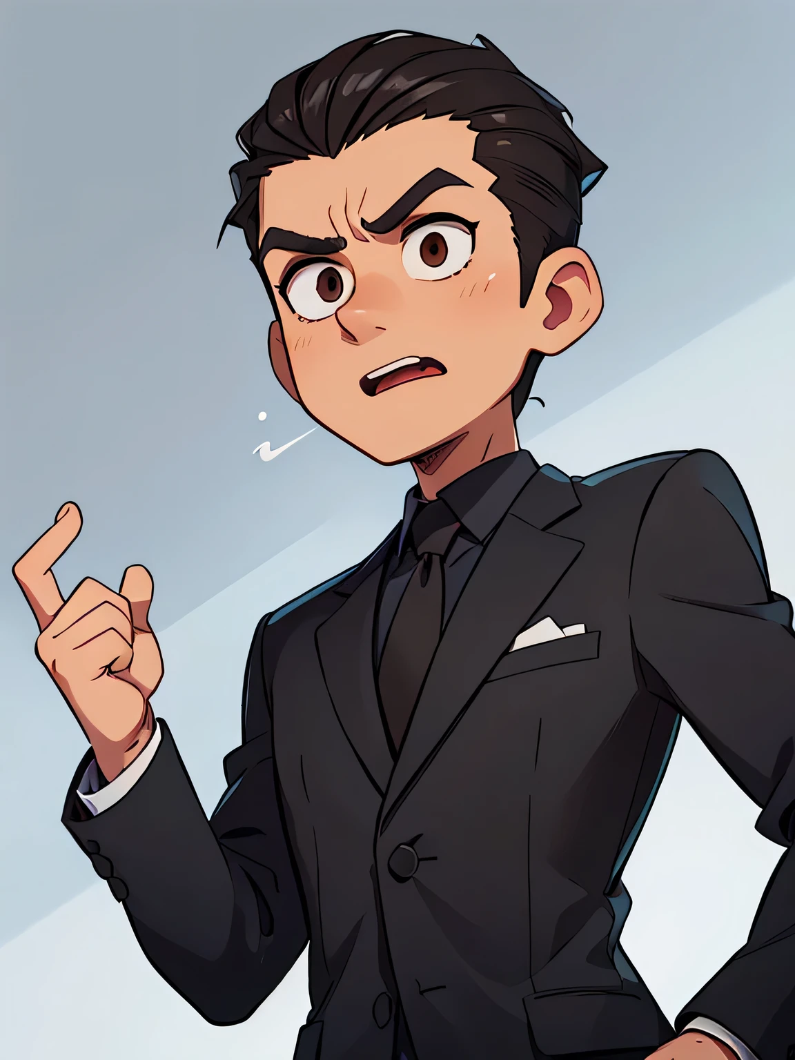 man, one man, suit, british suit, black suit, black hair, rounded noise, no facial hair, no background, nut-brown eyes, sketch style, athletic body, serious, serious face, square face, slicked back undercut, looking to camera, front, speaking, open mouth, gesturing hand pose