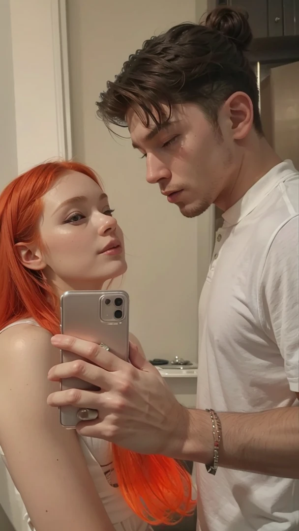 A redheaded woman and a man taking a photo, full hd, 4K
