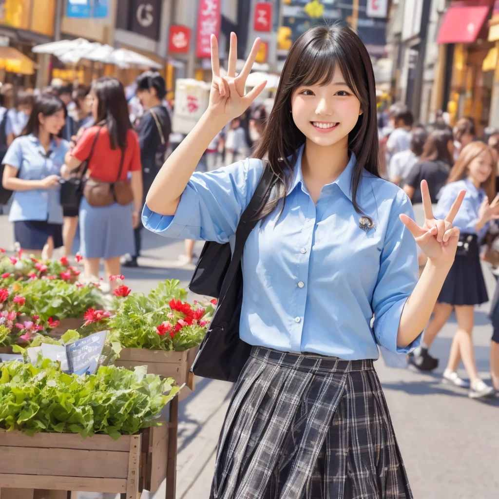((Highest quality, 8K, Masterpiece:1.3)), 2 students, A confident smile, talk, Peace sign gesture, Black Hair, city shopping street background, slacks, skirt, shirt, Detailed face, Fingers crafted to the smallest detail
