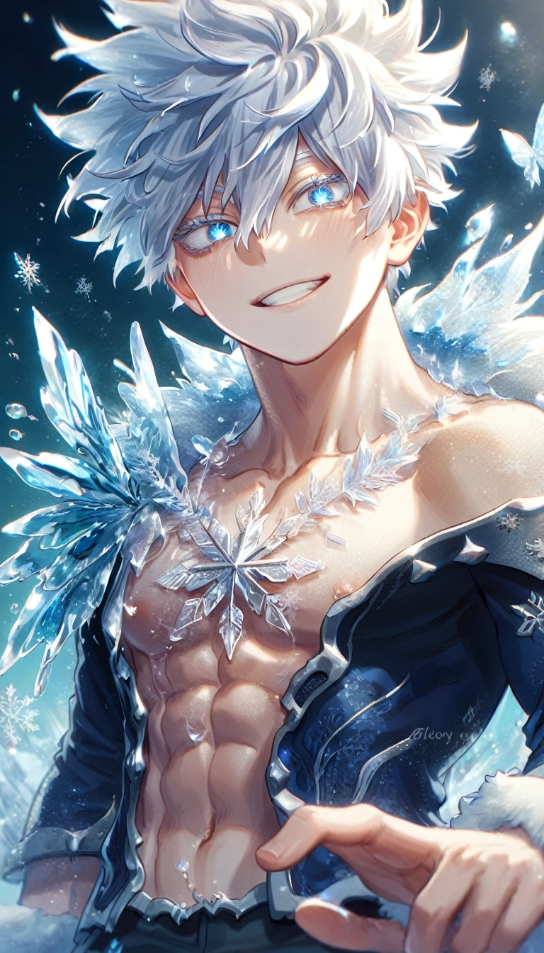 absurdres, highres, ultra detailed, HDR, master piece, best quality, extremely detailed face, delicated features, Gojou Satoru, white hair, messy hair, hair between the eyes, expressive blue eyes, white eyelashes, Boku No Hero Academia, sexy man, solo, handsome, smiling, blue jacket with fur, black shirt, black pants, fantasy, magical, ice, ice butterflies, snowflakes, starry night, ice style