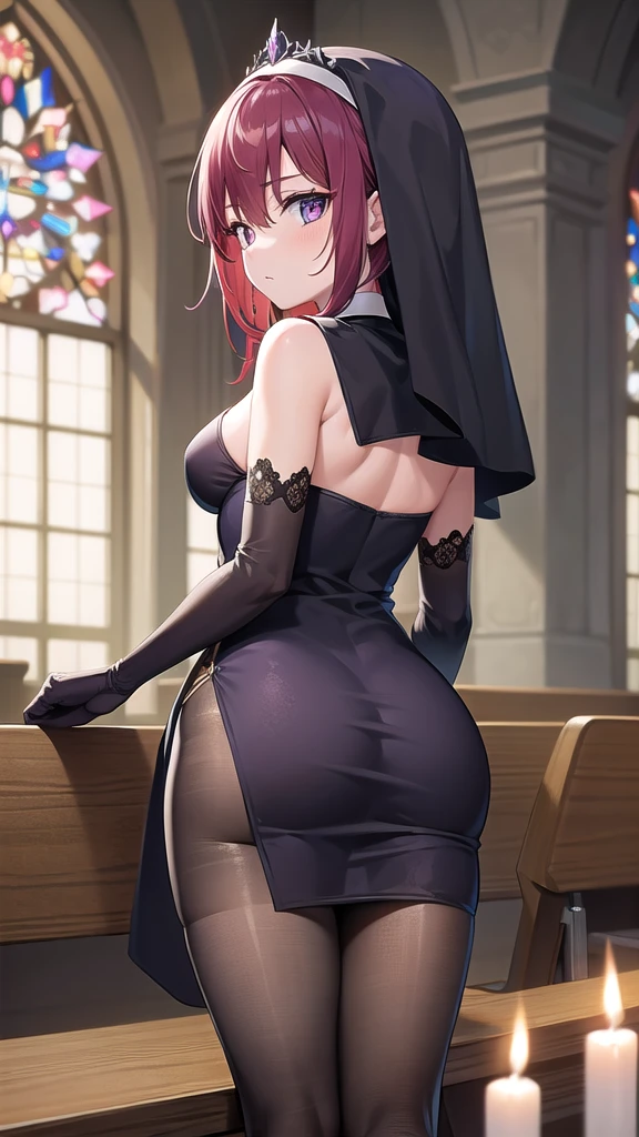 rosaria, rosaria, bags under eyes, hair between eyes, long eyelashes, multicolored hair, (purple eyes:1.1), purple hair, red hair, short hair, streaked hair, (medium breasts:1.2), BREAK bare shoulders, breasts, elbow gloves, fishnet pantyhose, fishnets, gem, gloves, gradient, nun, pantyhose, red gemstone, skindentation, thigh strap, tiara, white gloves,lace,
BREAK looking at viewer,
BREAK indoors, church,benches, candles, fire,
BREAK (masterpiece:1.2), best quality, high resolution, unity 8k wallpaper, (illustration:0.8), (beautiful detailed eyes:1.6), extremely detailed face, perfect lighting, extremely detailed CG, (perfect hands, perfect anatomy),from below, photo from back, from behind, back view,bend over.