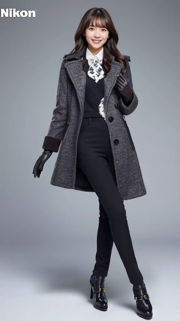 wearing knit and long coat and black leather gloves,skincolor pantyhose,pumps,fullbody photo,photo by NIKON,see through bangs,smile,Girl long pants style