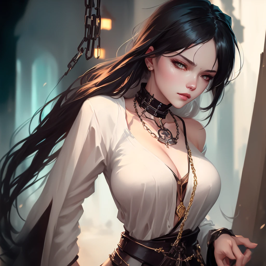 (masterpiece:1.2), (highest quality,silky skin,beautiful real woman:1.3), realistic, (real picture, intricate details, pink high neck dress), parted lips, very detailed, perfect face, perfect body, large model,(Background in the eerie moonlit night, old castle:1.6)、(slave Vampire princess:1.7)、(slave collar,slave chain:1.7)、transparent nippleature woman、tall、long legs、Separate the upper and lower costumes、brightly colored drawings、Clothes with a wide open chest、revealing costumes、Clothes that expose the belly button、Only the upper body is dressed up、random hairstyle、big breasts、transparent lace costume、embellished costume、