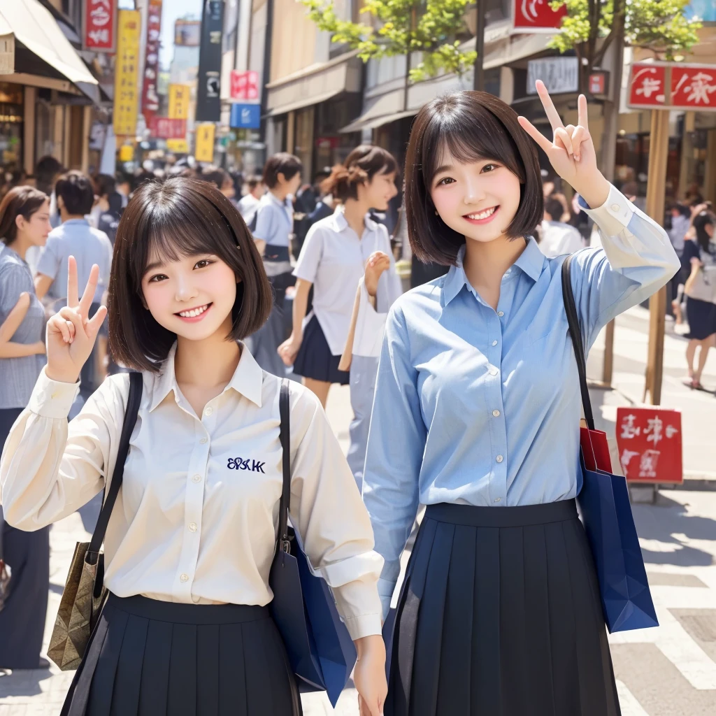 ((Best quality, 8K, Masterpiece:1.3)), 2 students、A confident smile、conversation、Peace sign gesture、Black Hair、City shopping street、Slacks and skirts、Wearing a shirt、Highly detailed face and skin texture、Highly detailed fingers。