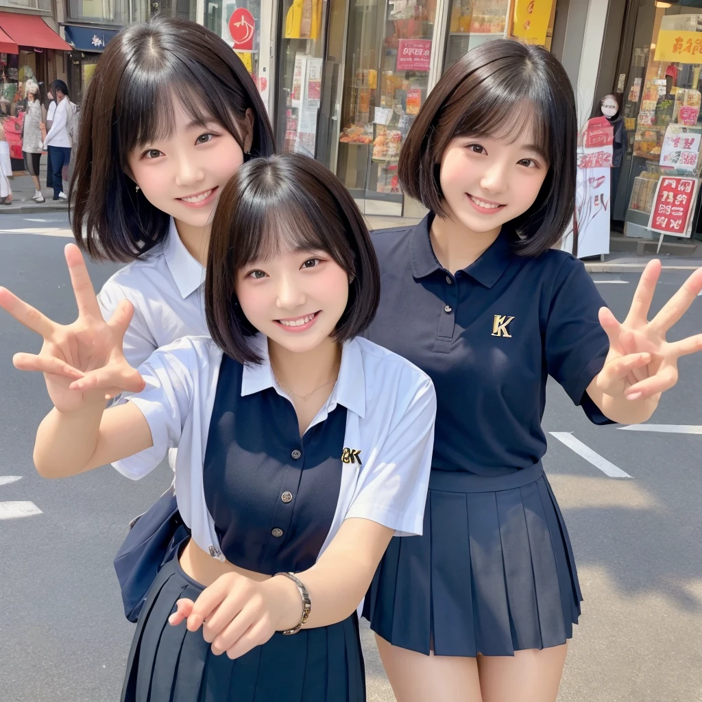 ((Best quality, 8K, Masterpiece:1.3)), 2 students、A confident smile、conversation、Peace sign gesture、Black Hair、City shopping street、Slacks and skirts、Wearing a shirt、Highly detailed face and skin texture、Highly detailed fingers。
