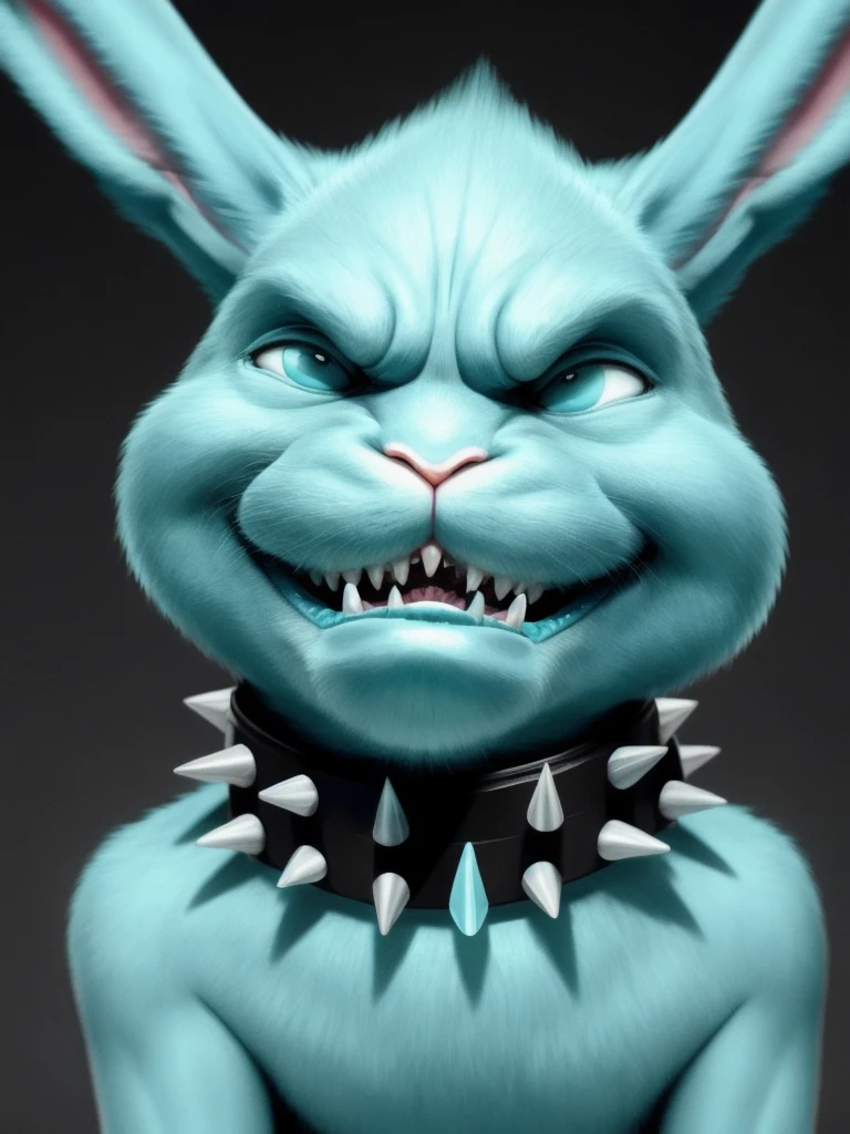 A cute cyan-colored baby rabbit has a grumpy face with pointy teeth sticking out of its mouth and wears a black collar with pointy spikes around the collar.