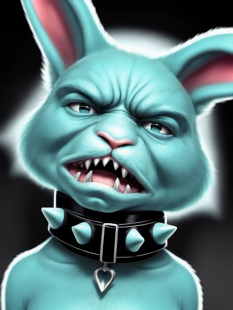 A cute cyan-colored rabbit has a grumpy face with pointy teeth sticking out of its mouth and wears a black collar with pointy spikes around the collar.