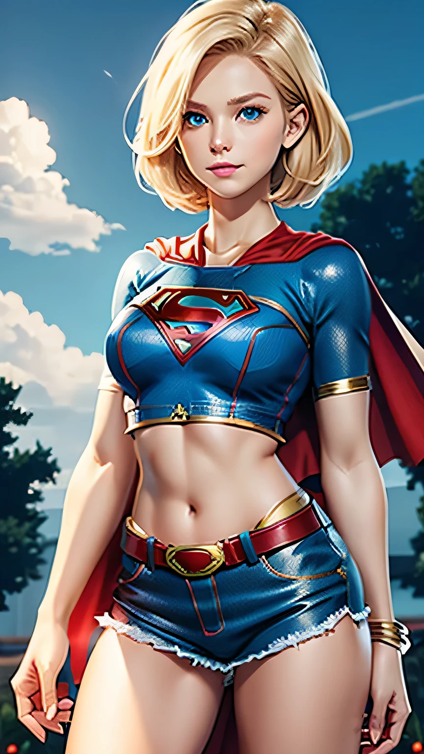 Supergirl, perfect costume, shining blue eyes, Beautiful woman, extremely blond hair, red cape 