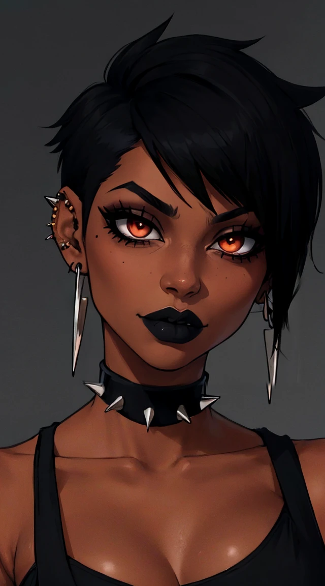 black women, goth amkeup , choker with spikes (black) , nose piercing , earings  goth , short hair , 