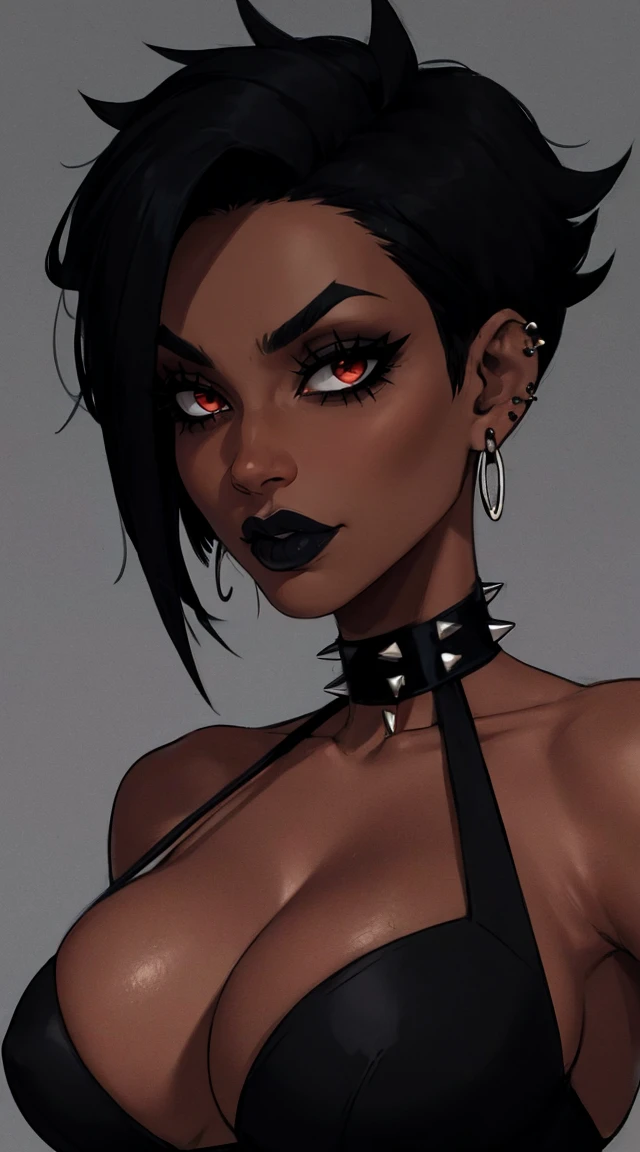 black women, goth amkeup , choker with spikes (black) , nose piercing , earings  goth , short hair , 