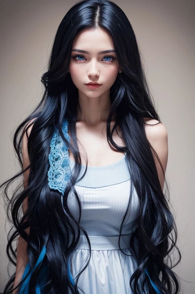 Woman with wavy long black hair and blue eyes.
