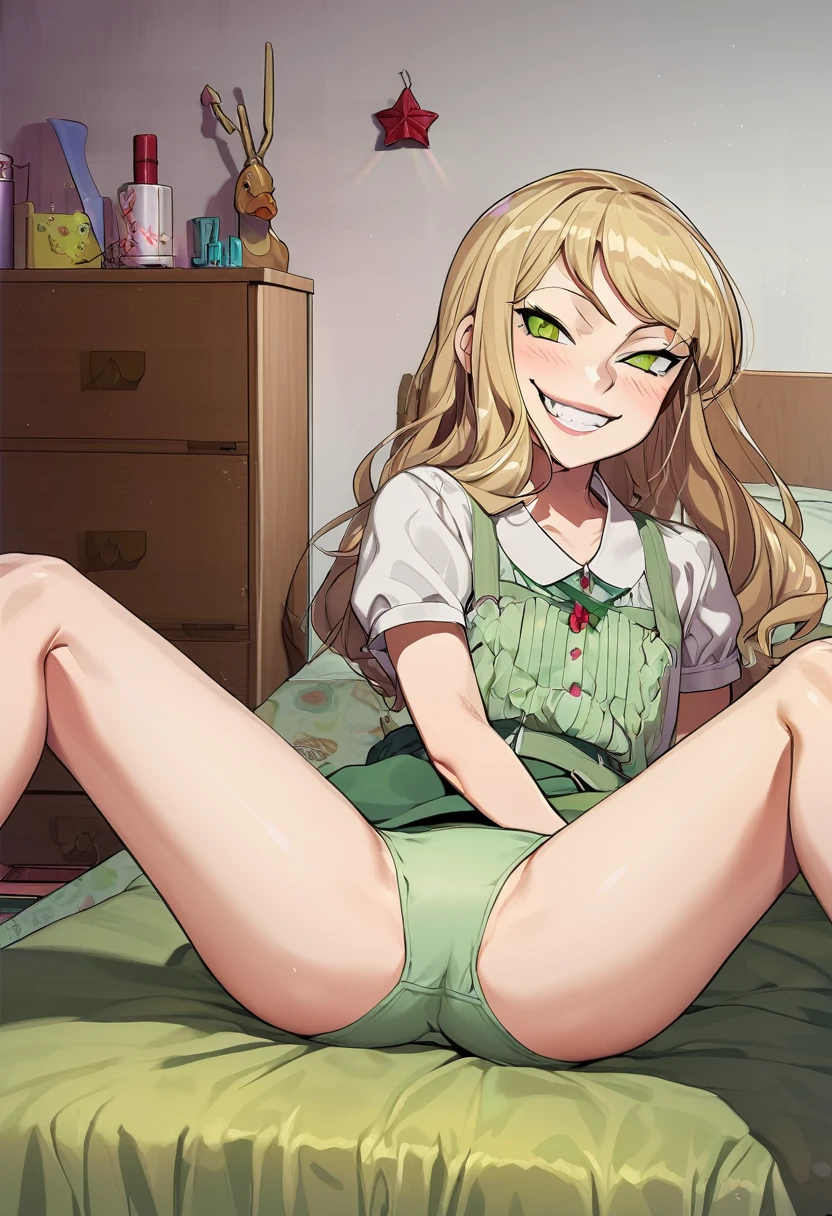10 year old white girl, blonde hair, evil smug grin, spreading legs, in her bedroom