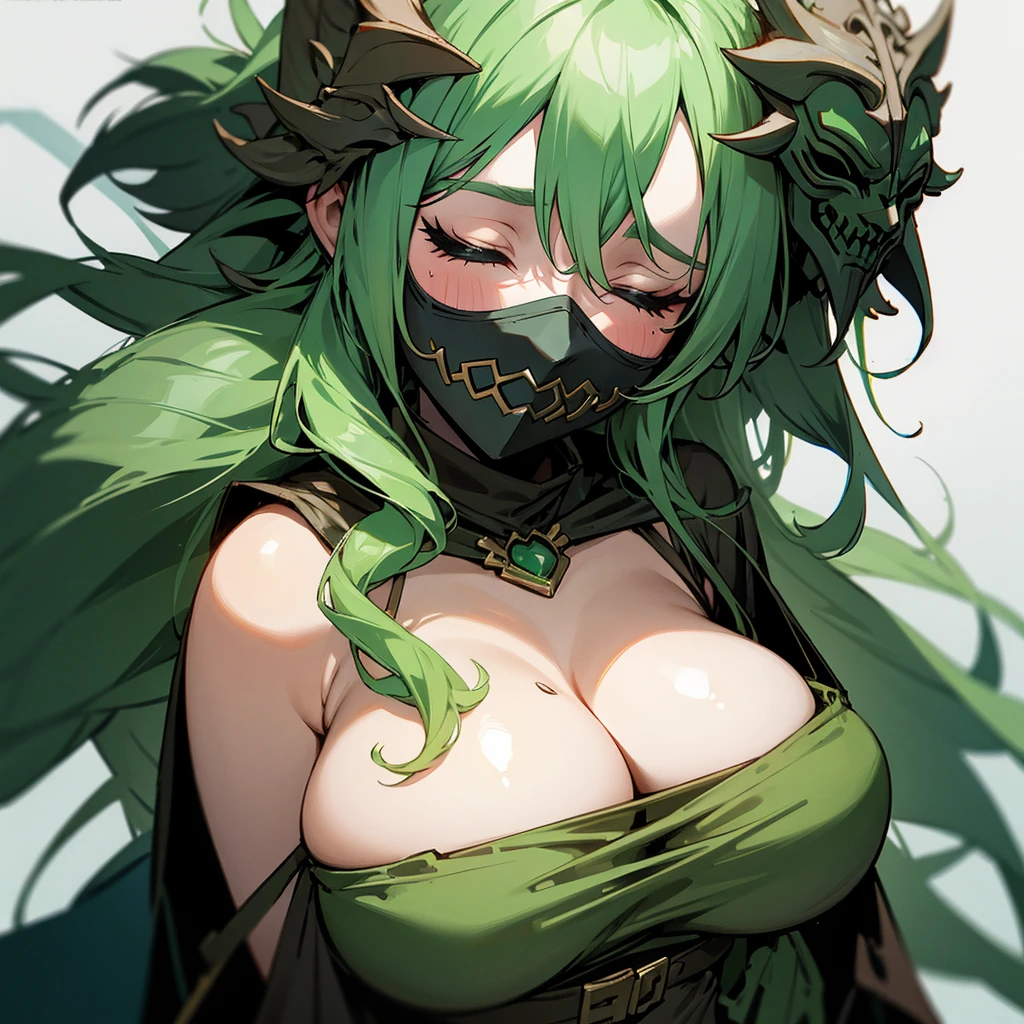 Druid woman with big breasts and mask, messy green hair and sleepy look