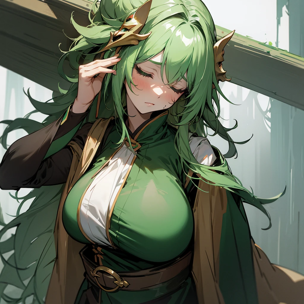 Druid woman with big breasts and mask, messy green hair and sleepy look