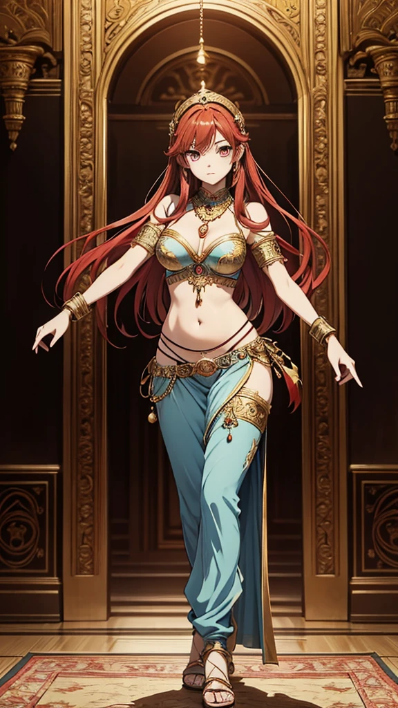 2d, masterpiece, best quality, anime, highly detailed face, highly detailed eyes, highly detailed background, perfect lighting, 1girl, solo, full body, standing, genie attire, belly dancer pants, red hair, amulet