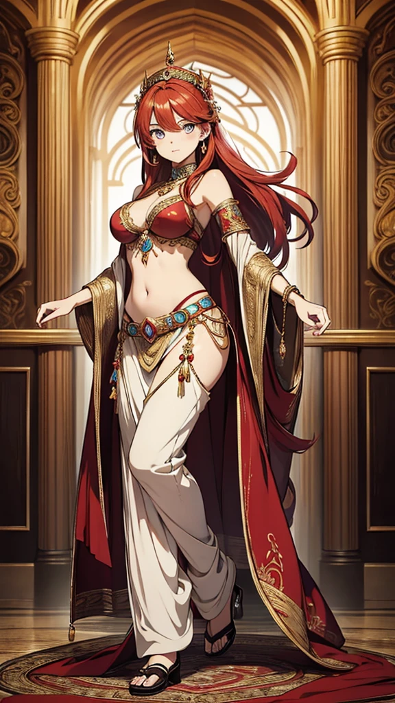 2d, masterpiece, best quality, anime, highly detailed face, highly detailed eyes, highly detailed background, perfect lighting, 1girl, solo, full body, standing, genie attire, belly dancer pants, red hair, amulet