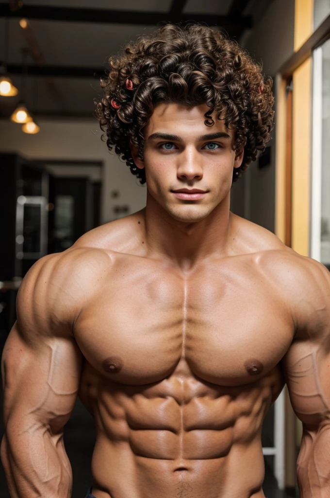 Show me a bodybuilder boy with curly hair and multicolor eyes