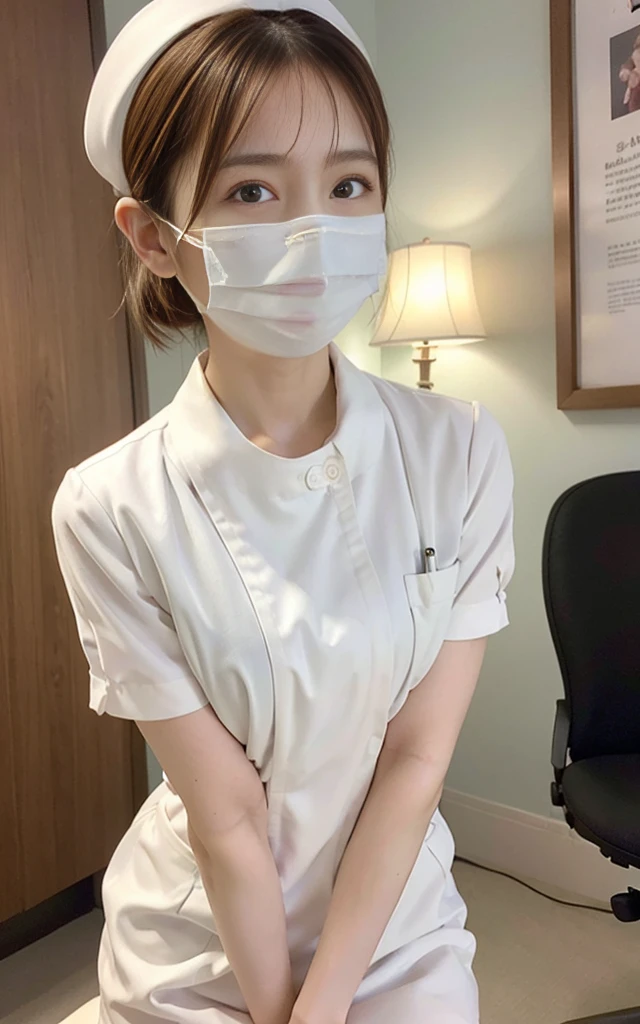 best quality, masterpiece, ultra high res, 8K, raw, (photo realistic:1.4), professional lighting, sharp focus, 1 girl, (detailed background:1.5), (dental clinic, desk, chair:1.3), full body, slender, cute, 24yo, smile, tiny breasts, short ponytail, hospital receptionist, (pastel blue nurse uniform;1.3), white mouth mask