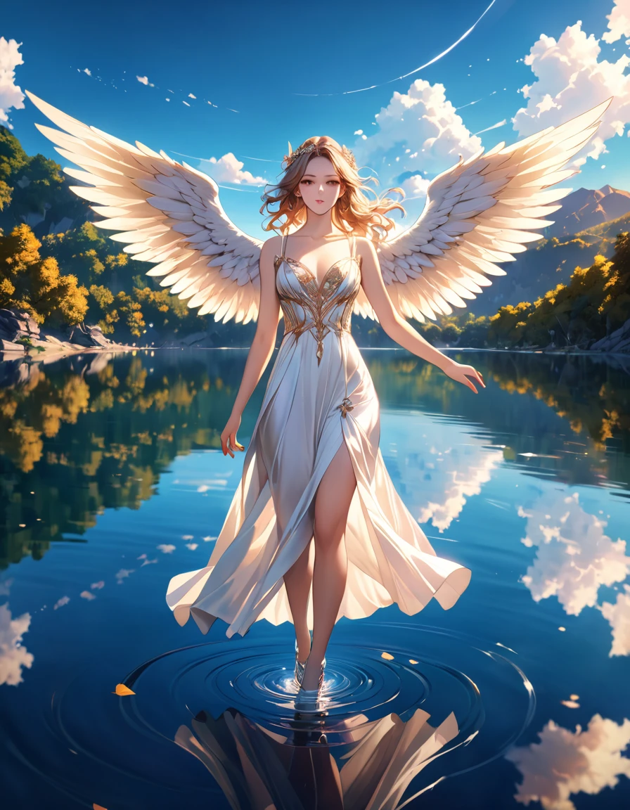 a picture of a female angel flying over a lake ((the angel's reflection in the lake: 1.5)), a beautiful female angel, divine beauty angel, ultra detailed face, (best detailed face: 1.3), dynamic eye color, dynamic hair color, dynamic hair style, intense gaze, wearing dynamic clothing, hovering over a lake, (white angelic wings spread: 1.3), (((a perfect reflection of the angel seen in the lake: 1.5)))  vibrant, Ultra-high resolution, High Contrast, masterpiece:1.2, highest quality, Best aesthetics), best details, best quality, highres, ultra wide angle, 16k, [ultra detailed], masterpiece, best quality, (extremely detailed),
