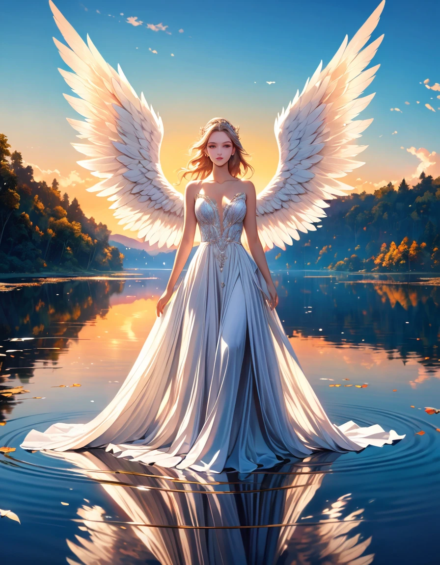 a picture of a female angel flying over a lake ((the angel's reflection in the lake: 1.5)), a beautiful female angel, divine beauty angel, ultra detailed face, (best detailed face: 1.3), dynamic eye color, dynamic hair color, dynamic hair style, intense gaze, wearing dynamic clothing, hovering over a lake, (white angelic wings spread: 1.3), (((a perfect reflection of the angel seen in the lake: 1.5)))  vibrant, Ultra-high resolution, High Contrast, masterpiece:1.2, highest quality, Best aesthetics), best details, best quality, highres, ultra wide angle, 16k, [ultra detailed], masterpiece, best quality, (extremely detailed),