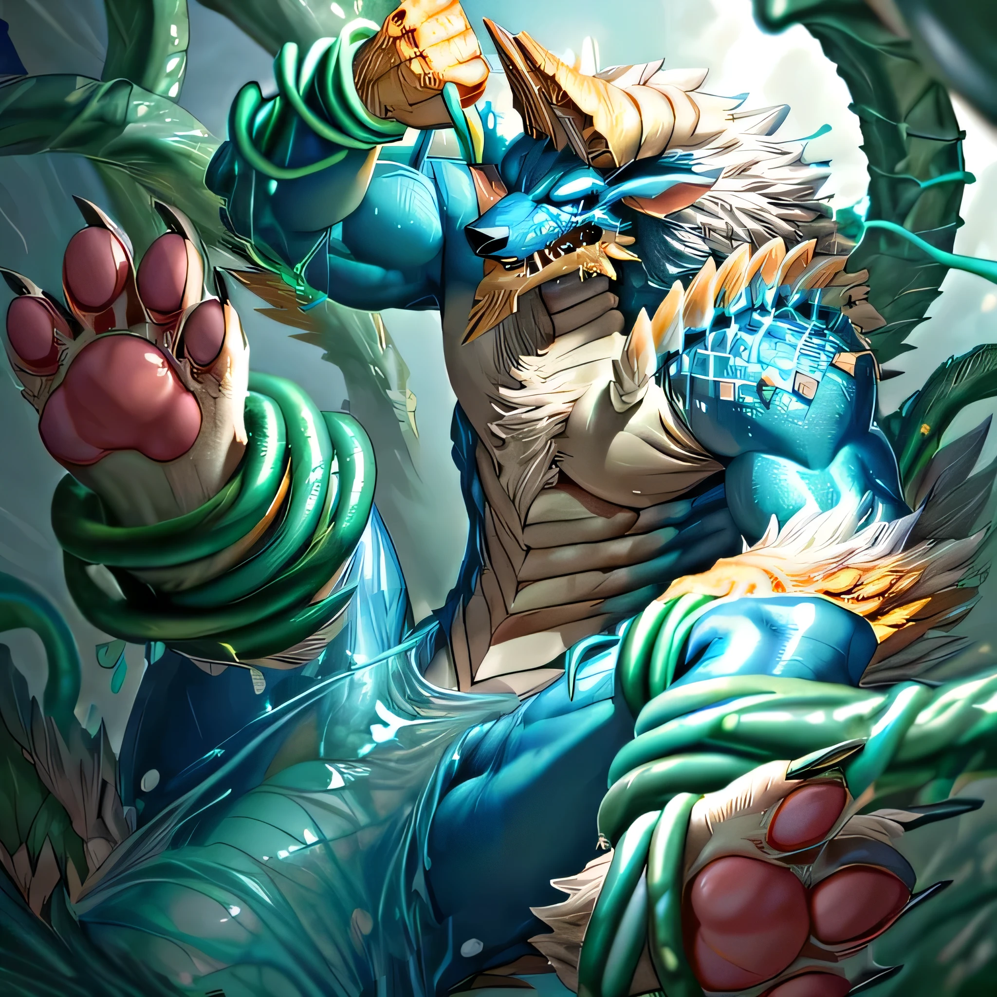 anthropology,(zinogre:1.2),Tail,((whole body,blue eyes, Blue body, White furry, Yellow Hand, Feet, Blue face,4 toes,Tail )),,muscular, whole body, (author:null-ghost,From raccoon21,masterpiece,high quality), Night Fight,((boundary)), rest (((Slime monster uses tentacles to fight dragon)),4 toes,struggle, (pain:1.3),frown,annoyed, Worry,full body,pawpads,((horns))