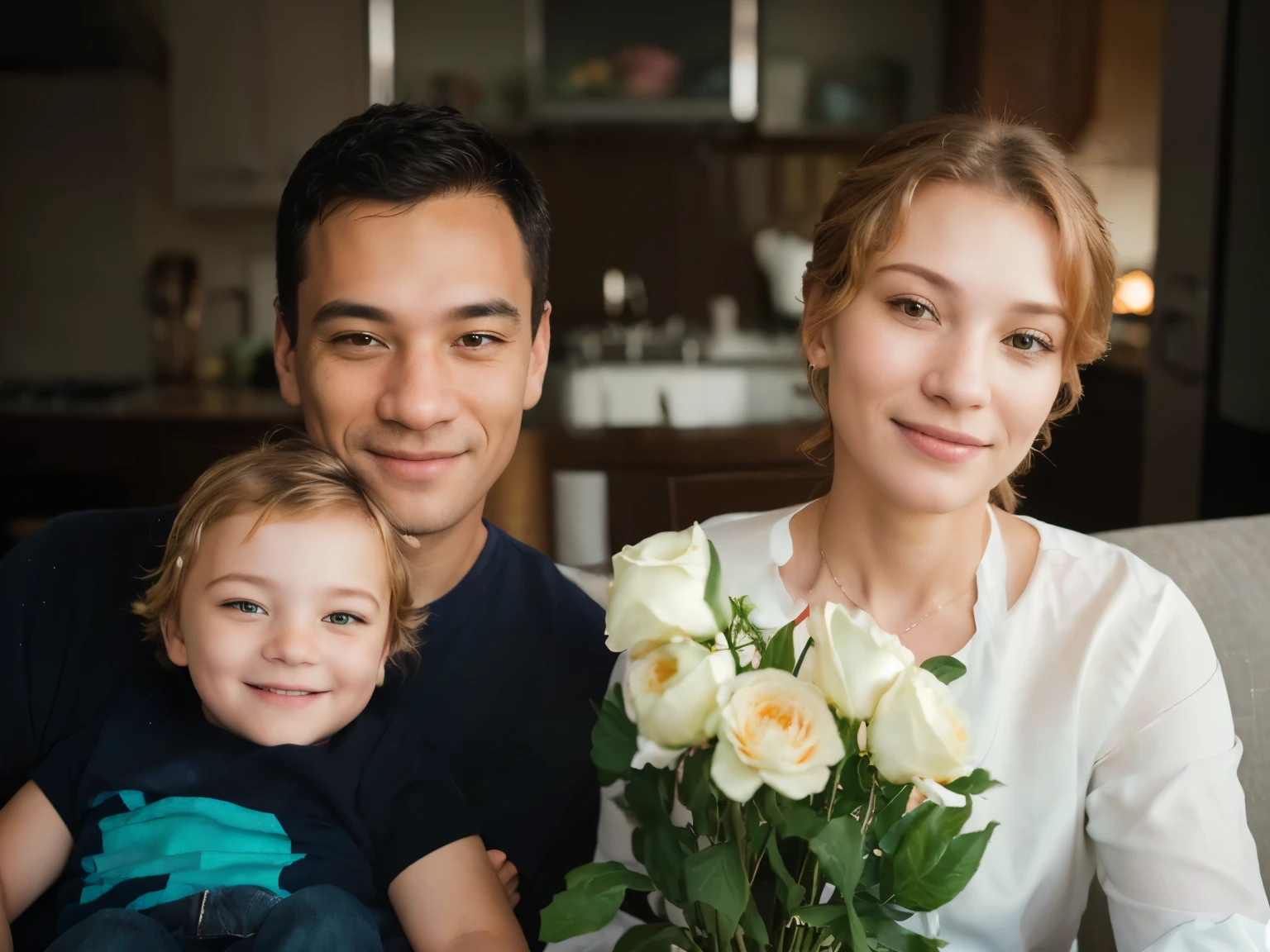 man in shirt and woman , flowers, husband wife and son, Portrait of a family of three, Family portrait, a happy family, portrait 60 mm, high quality portrait, photo taken on Nikon D750, photo taken on Nikon D 7 5 0, portrait for home photography, Photo portrait, 7 0mm portrait, 8k portrait shot