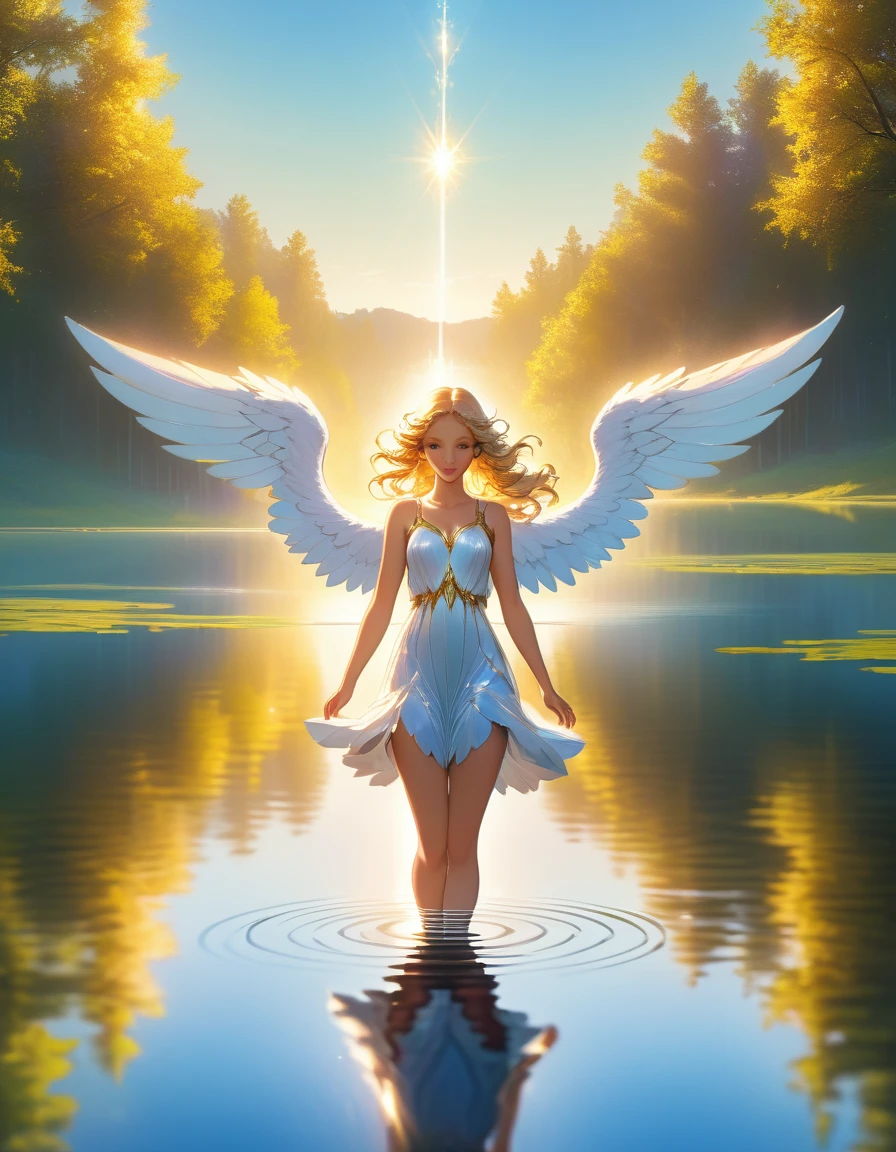 a picture of a female angel flying over a lake ((the angel's reflection in the lake: 1.5)), a beautiful female angel, divine beauty angel, ultra detailed face, (best detailed face: 1.3), dynamic eye color, dynamic hair color, dynamic hair style, intense gaze, wearing dynamic clothing, hovering over a lake, (white angelic wings spread: 1.3), (((a perfect reflection of the angel seen in the lake: 1.5)))  vibrant, Ultra-high resolution, High Contrast, masterpiece:1.2, highest quality, Best aesthetics), best details, best quality, highres, ultra wide angle, 16k, [ultra detailed], masterpiece, best quality, (extremely detailed),