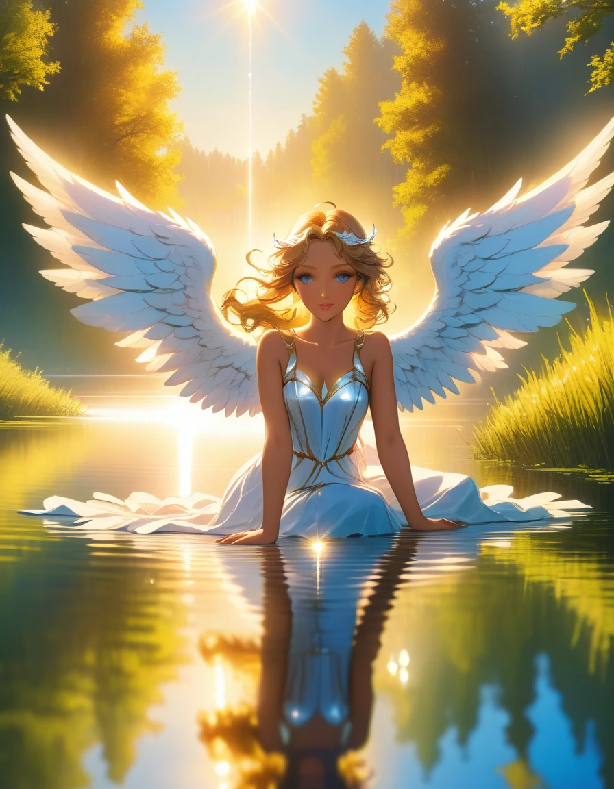 a picture of a female angel flying over a lake ((the angel's reflection in the lake: 1.5)), a beautiful female angel, divine beauty angel, ultra detailed face, (best detailed face: 1.3), dynamic eye color, dynamic hair color, dynamic hair style, intense gaze, wearing dynamic clothing, hovering over a lake, (white angelic wings spread: 1.3), (((a perfect reflection of the angel seen in the lake: 1.5)))  vibrant, Ultra-high resolution, High Contrast, masterpiece:1.2, highest quality, Best aesthetics), best details, best quality, highres, ultra wide angle, 16k, [ultra detailed], masterpiece, best quality, (extremely detailed),